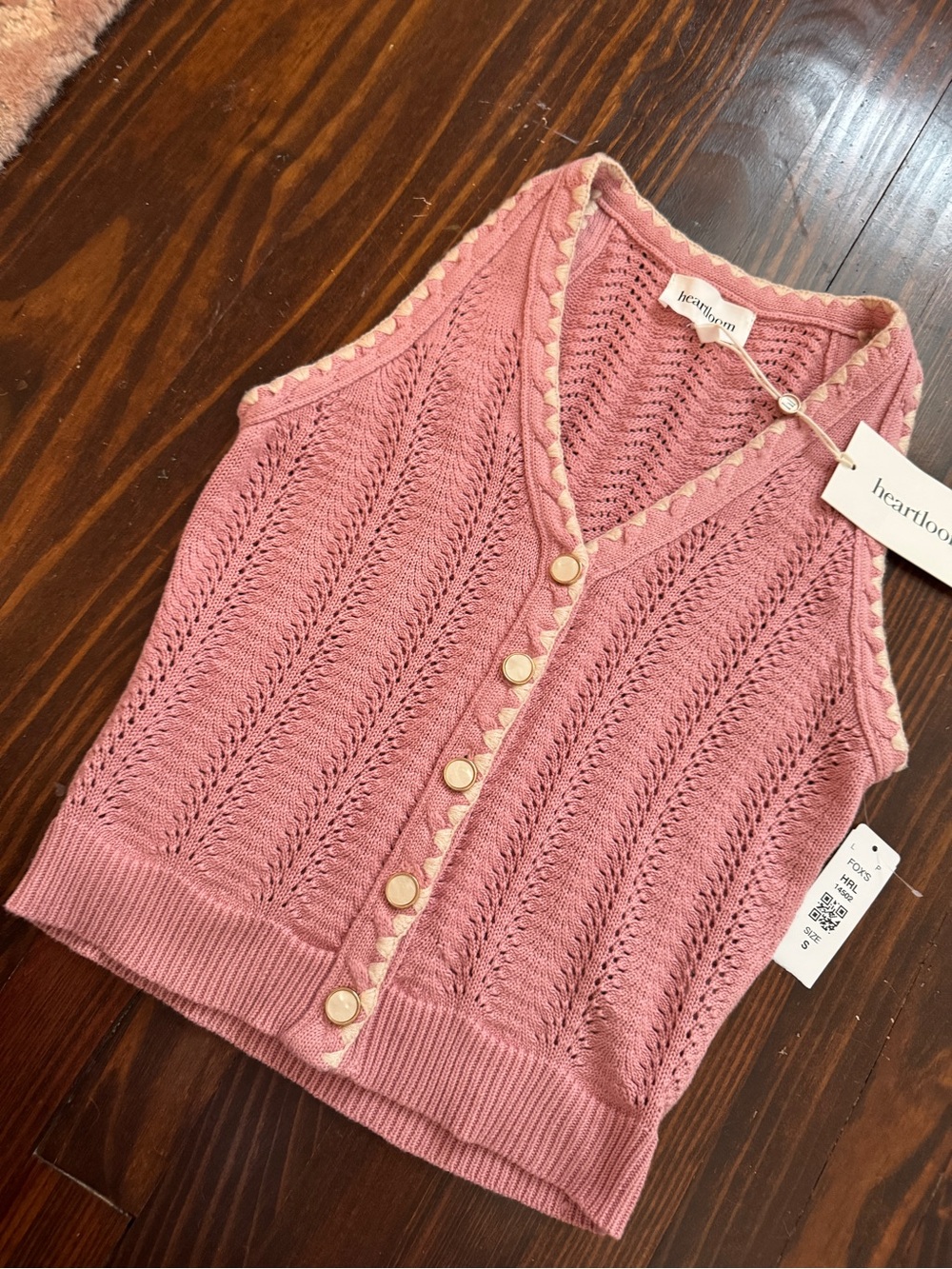 Heartloom Dusty Rose Knit Button-Up Sweater Vest with Contrast Trim